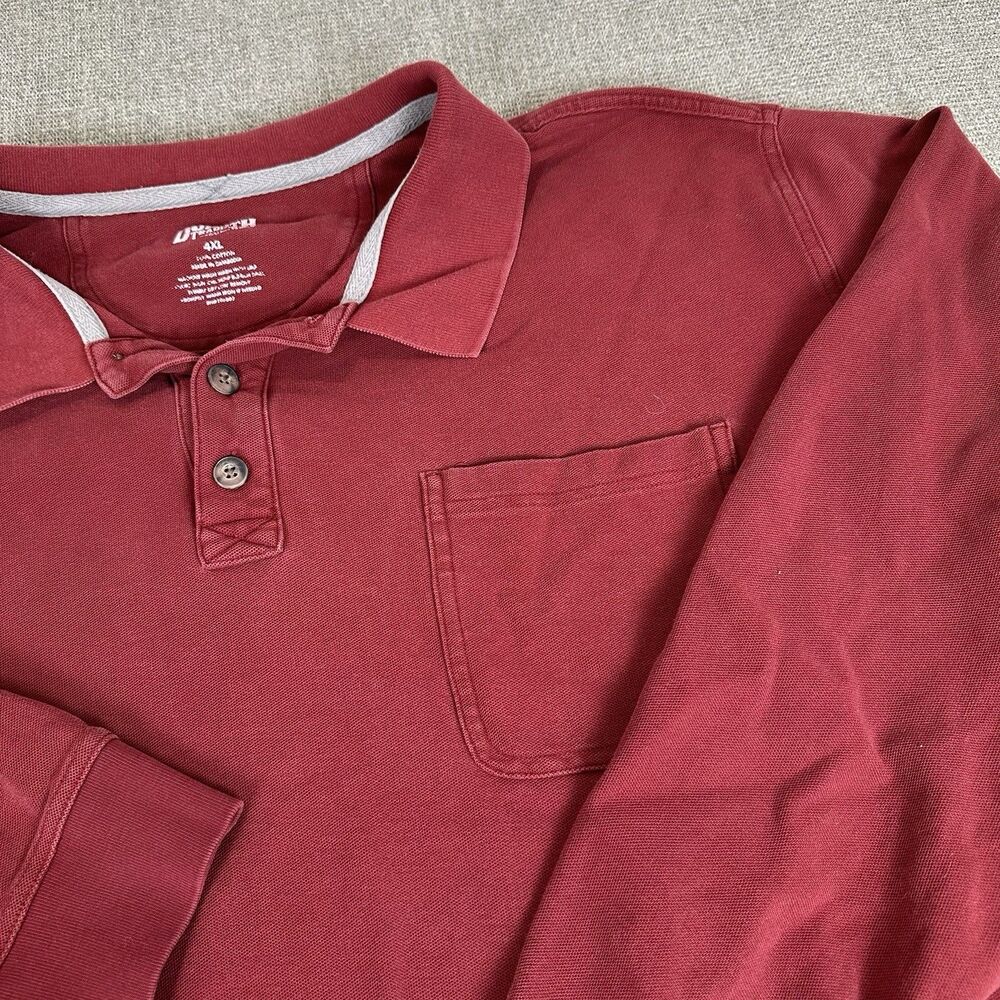 Duluth Trading Co Mens Polo Shirt 4XL Maroon Red Button Long Sleeve Relaxed Fit